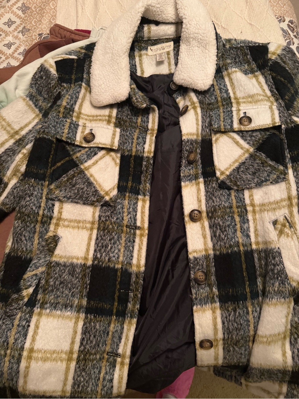 Koolaburra Plaid Sherpa Collar Jacket in Cream, Olive & Black